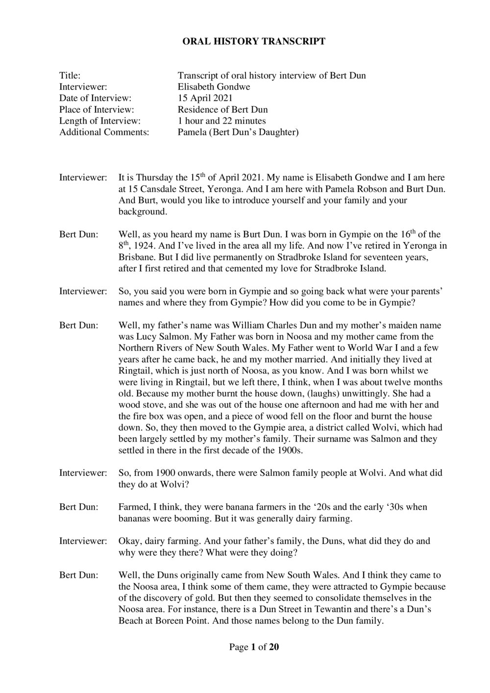 Bert Dun Oral History - Transcript | Heritage Noosa